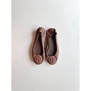 TORY BURCH Minnie Brown Leather Brown Medallion Travel Ballet Flats, Size 37